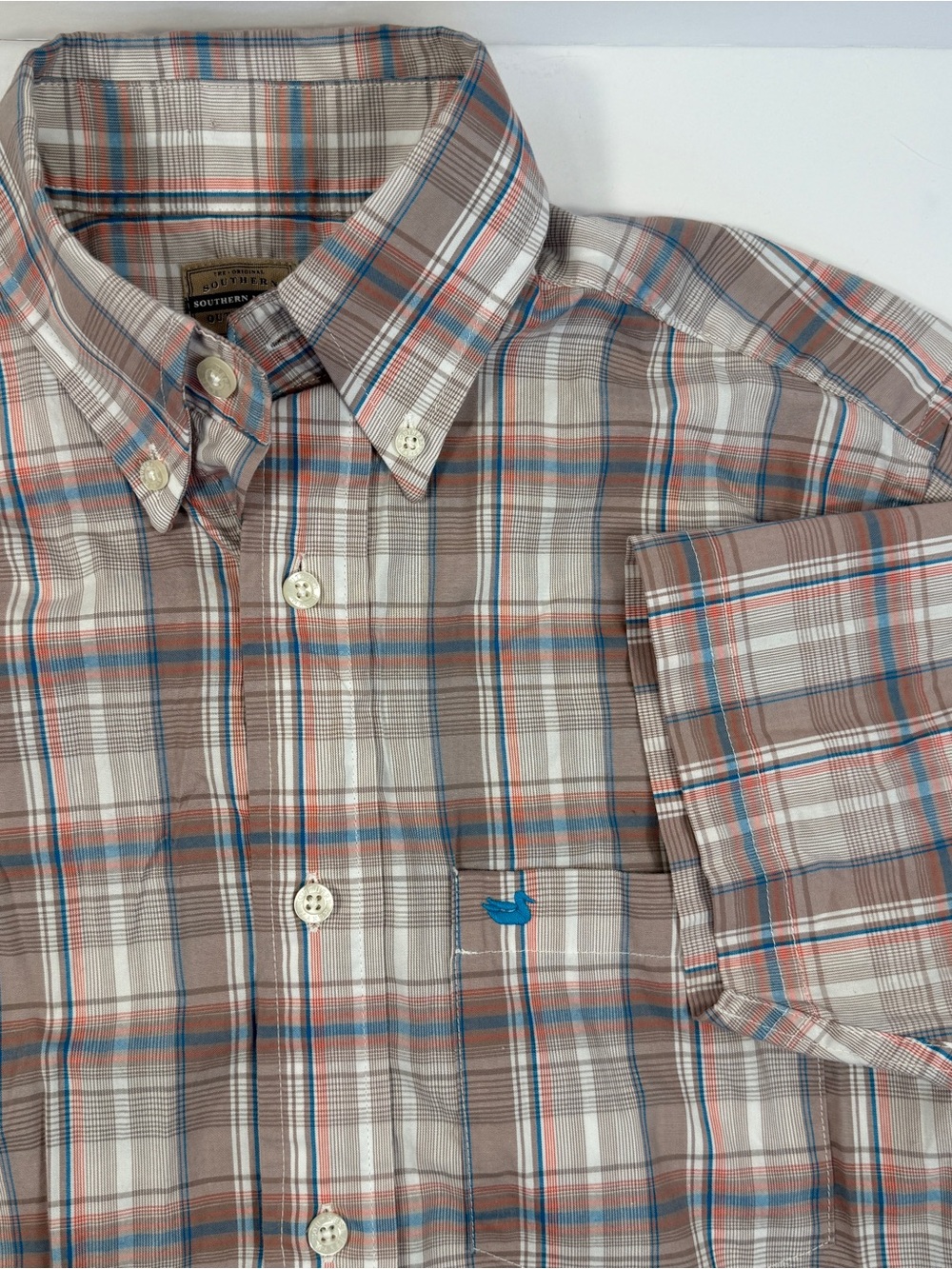 Southern Marsh Short Sleeve Buttondown Blue Tan Plaid Mens Small 100% Cotton